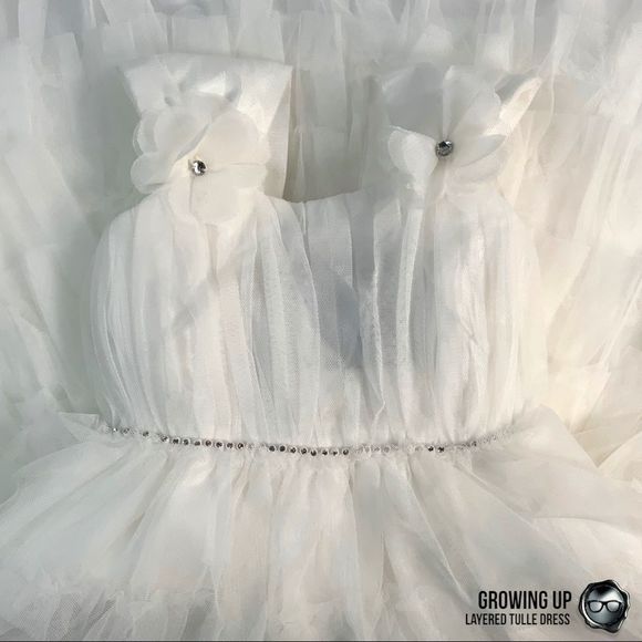 LAYERED MESH TULE PARTY DRESS IN OFF WHITE TEA LENGTH EMPIRE WAIST GIRLS SIZE 4 - Picture 15 of 15